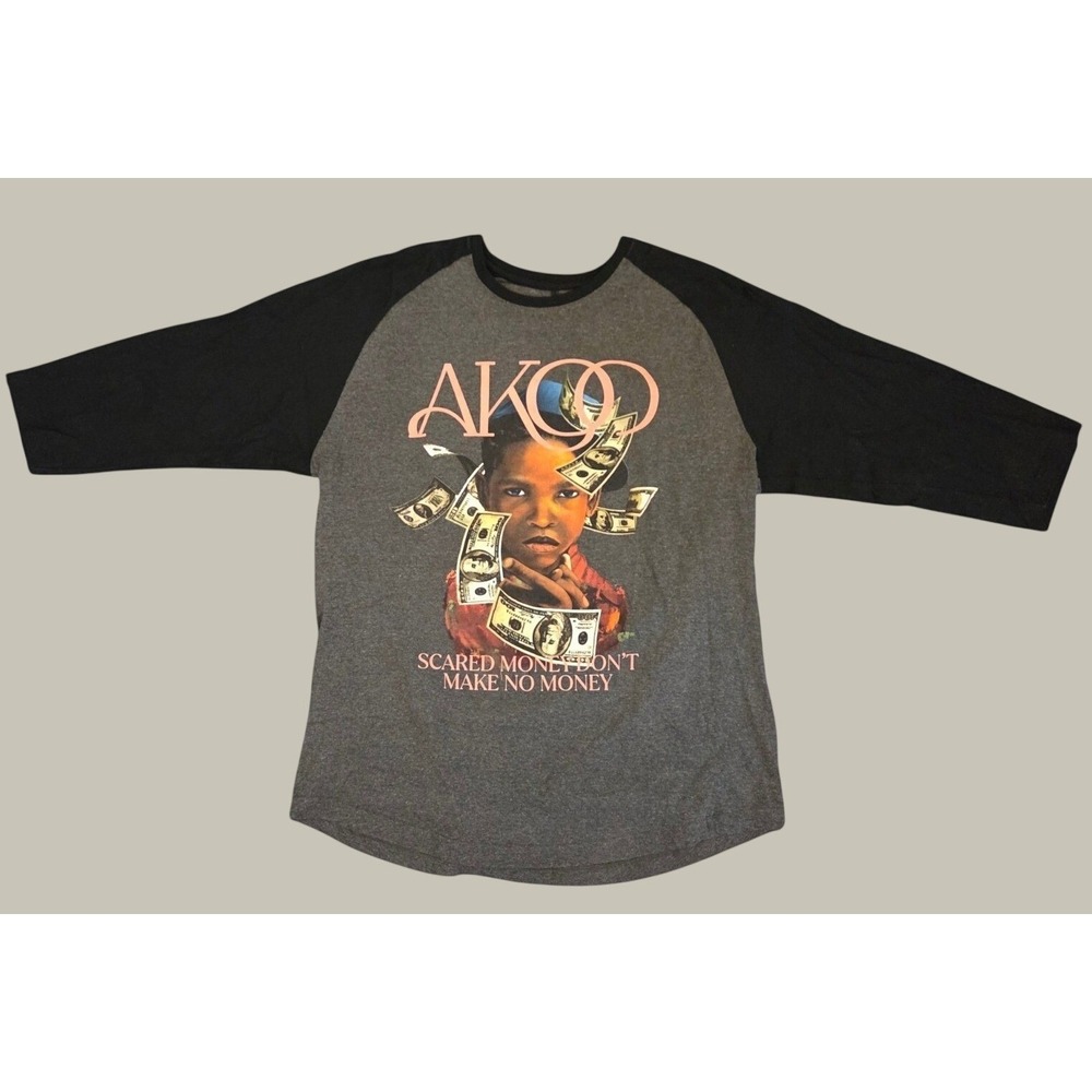AKOO Mens Scared Money Dont Make No Money Raglan Baseball Tee Grey Black XL